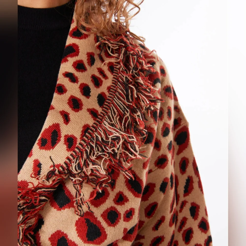 Rare Esqualo Brown and Black Leopard Print Belted Cardigan  Size Large - Picture 4 of 11